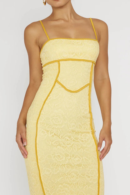 Romantic Fitted Square Neck Contrast Piping Lace Maxi Evening Dress