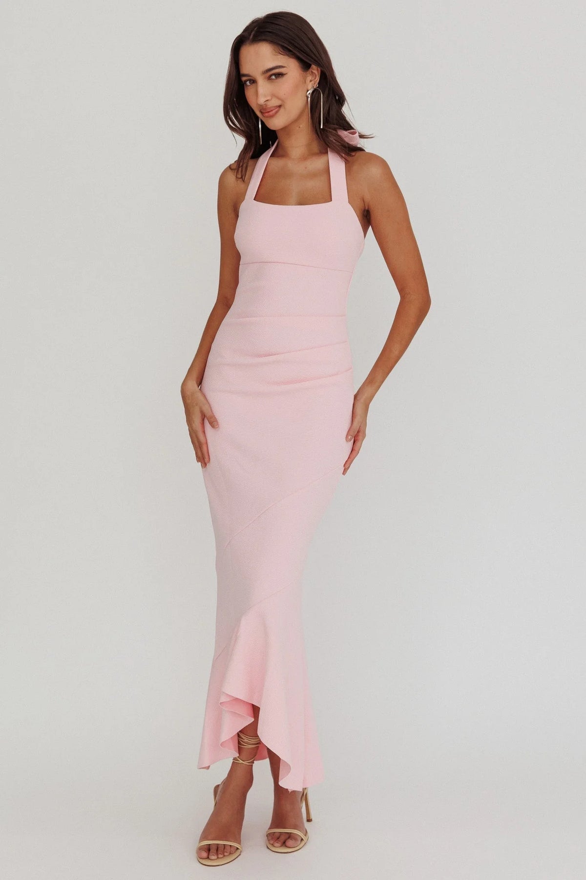 Romantic Fitted Square Neck Halter Ruffle Hem Maxi Evening Dress