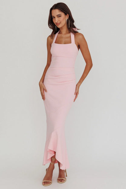 Romantic Fitted Square Neck Halter Ruffle Hem Maxi Evening Dress