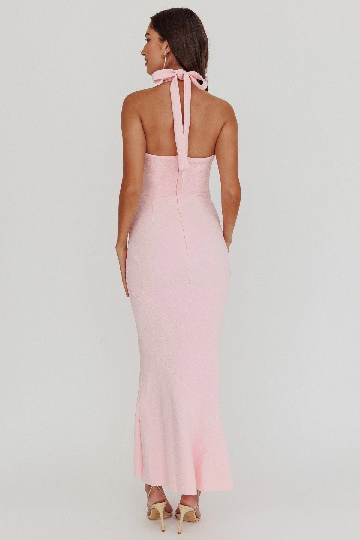 Romantic Fitted Square Neck Halter Ruffle Hem Maxi Evening Dress