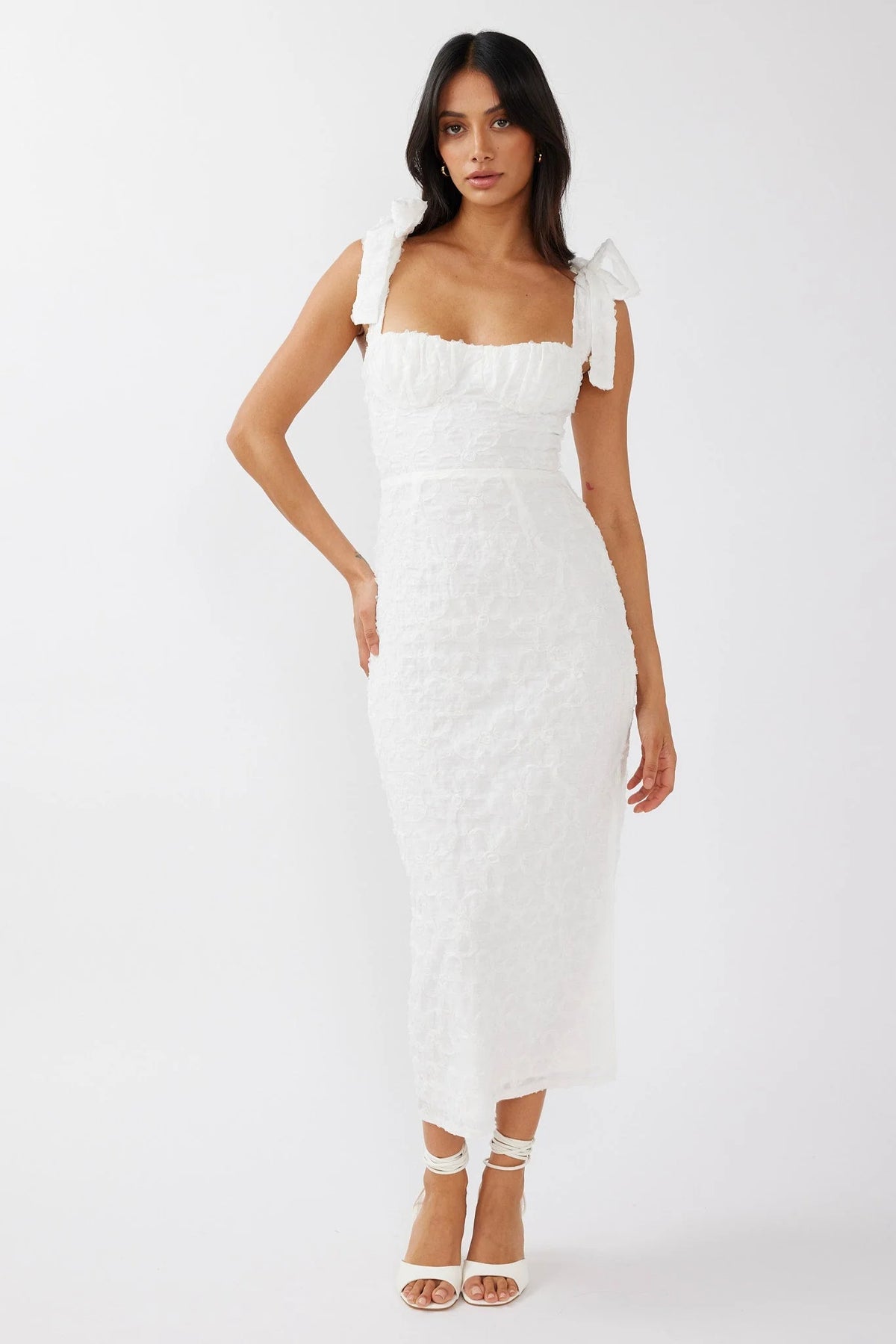Romantic Fitted Square Neck Ruffle Strap Textured Midi Evening Dress