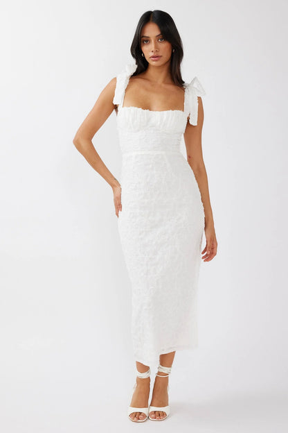 Romantic Fitted Square Neck Ruffle Strap Textured Midi Evening Dress