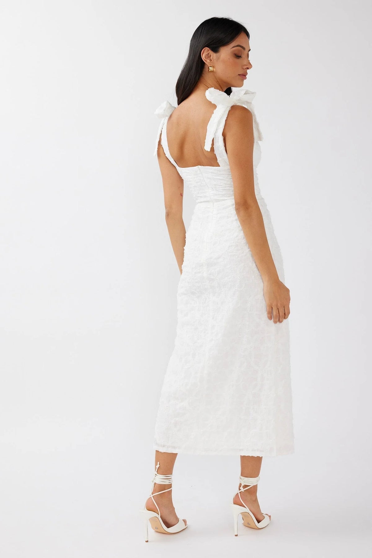 Romantic Fitted Square Neck Ruffle Strap Textured Midi Evening Dress