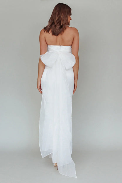 Romantic Fitted Strapless Bow Back Satin Organza Train Maxi Evening Dress