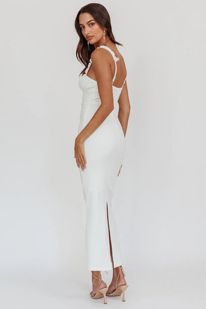 Romantic Fitted Sweetheart Neck Ruffle Strap Midi Evening Dress