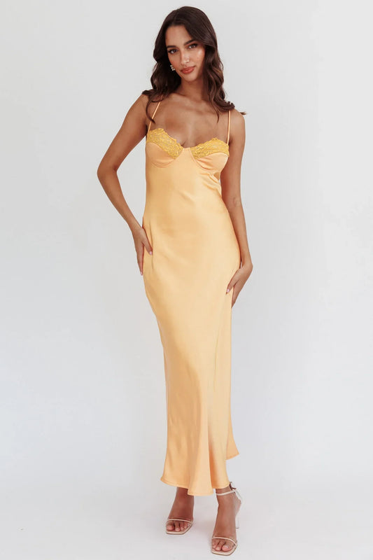 Romantic Fitted Sweetheart Neck Spaghetti Strap Lace Trim Satin Maxi Evening Dress