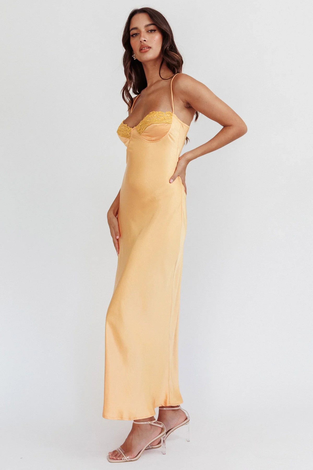 Romantic Fitted Sweetheart Neck Spaghetti Strap Lace Trim Satin Maxi Evening Dress