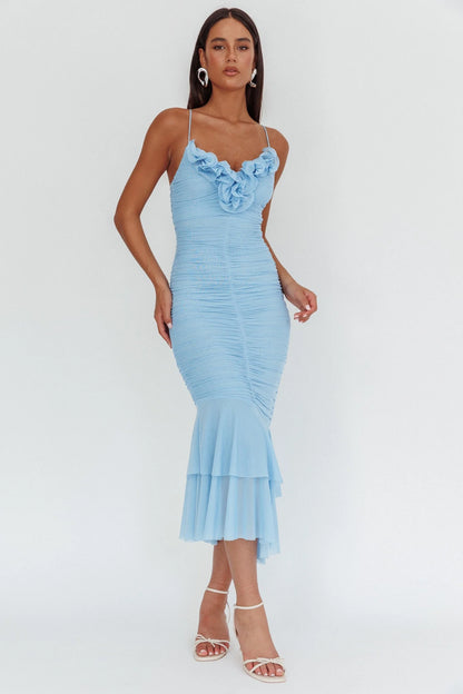 Romantic Fitted Sweetheart Neck Spaghetti Strap Ruched Ruffle Hem Midi Evening Dress