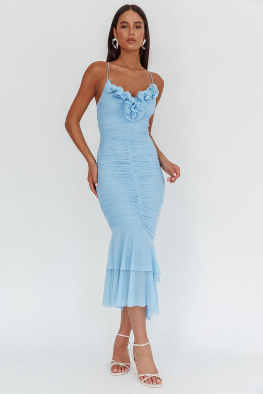 Romantic Fitted Sweetheart Neck Spaghetti Strap Ruched Ruffle Hem Midi Evening Dress