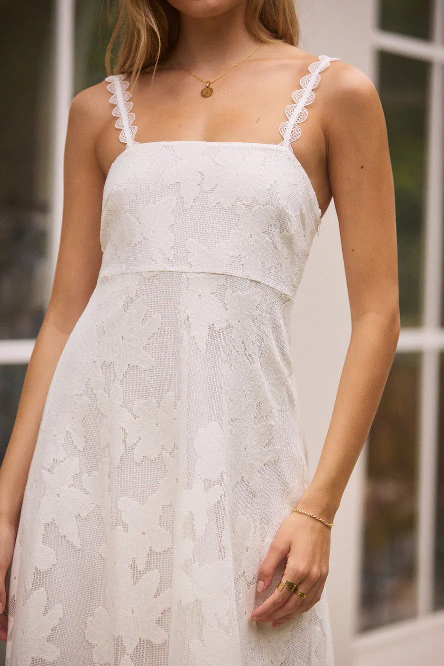 Romantic Flared Square Neck Spaghetti Strap Floral Lace Midi Evening Dress