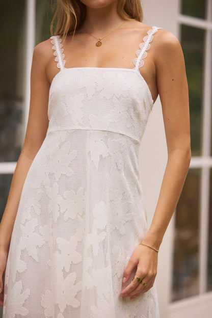 Romantic Flared Square Neck Spaghetti Strap Floral Lace Midi Evening Dress