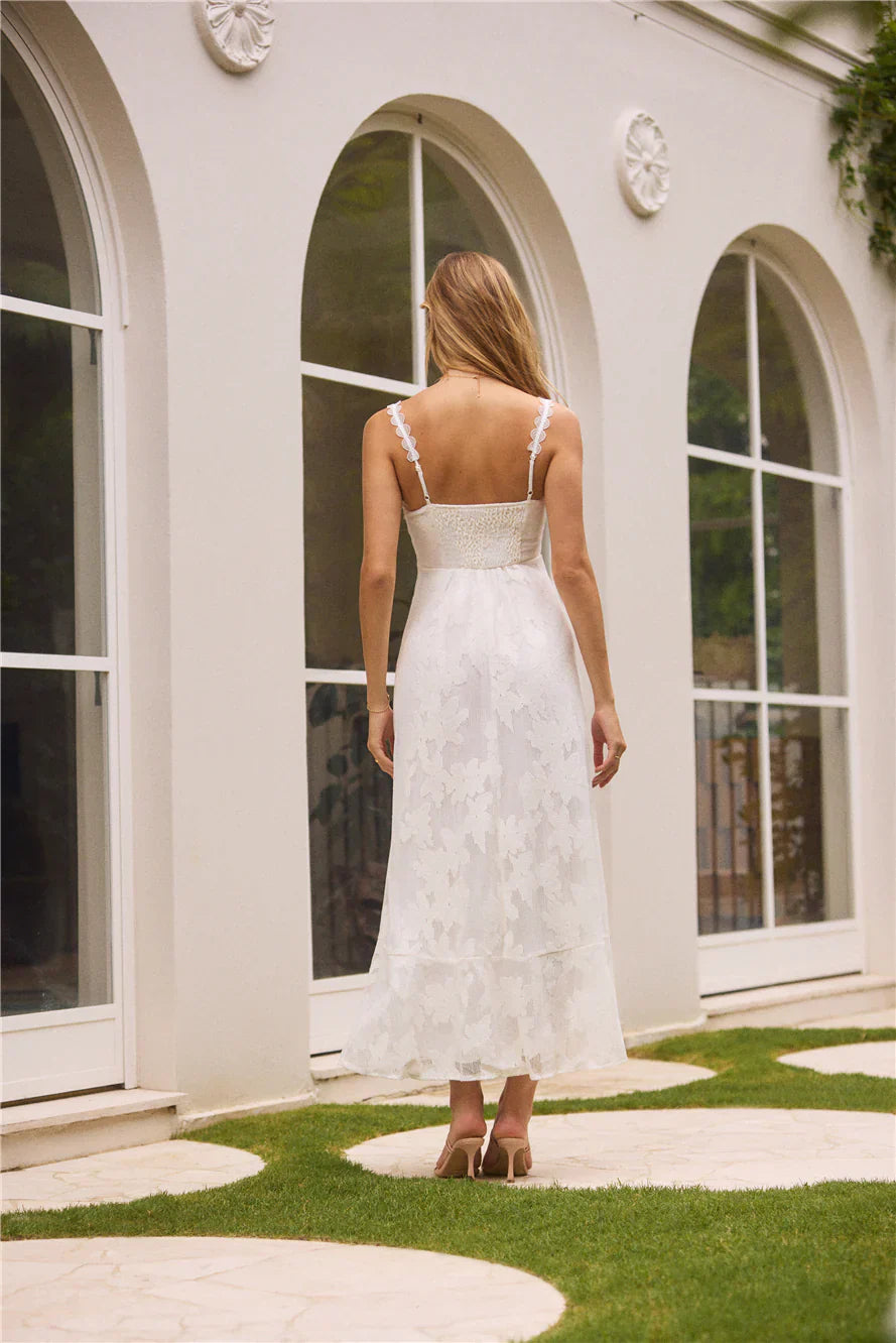 Romantic Flared Square Neck Spaghetti Strap Floral Lace Midi Evening Dress