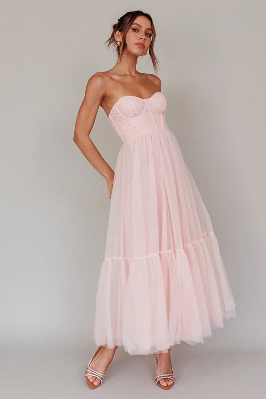Romantic Flared Sweetheart Neck Strapless Lace Tulle Maxi Evening Dress