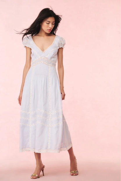 Romantic Flared V-Neck Puff Sleeve Lace Insert Maxi Evening Dress