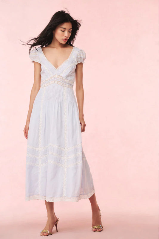 Romantic Flared V-Neck Puff Sleeve Lace Insert Maxi Evening Dress
