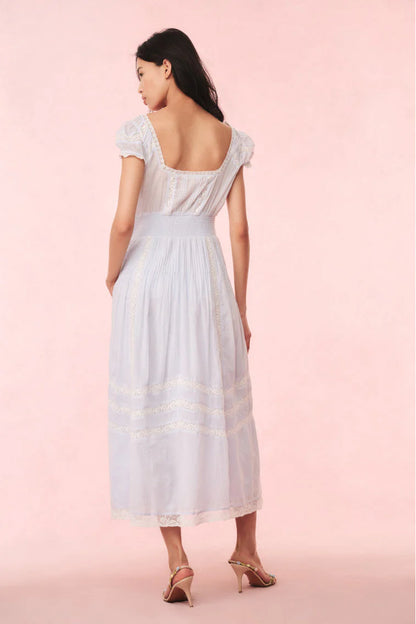 Romantic Flared V-Neck Puff Sleeve Lace Insert Maxi Evening Dress