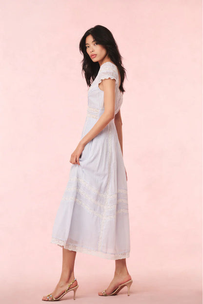 Romantic Flared V-Neck Puff Sleeve Lace Insert Maxi Evening Dress