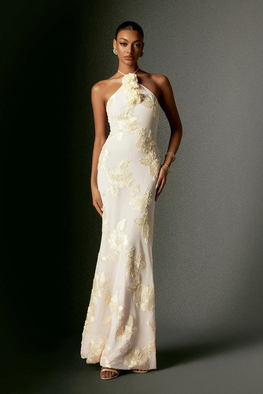 Romantic Ivory Halter with 3D Floral Applique and Open Back Mermaid Evening Dress