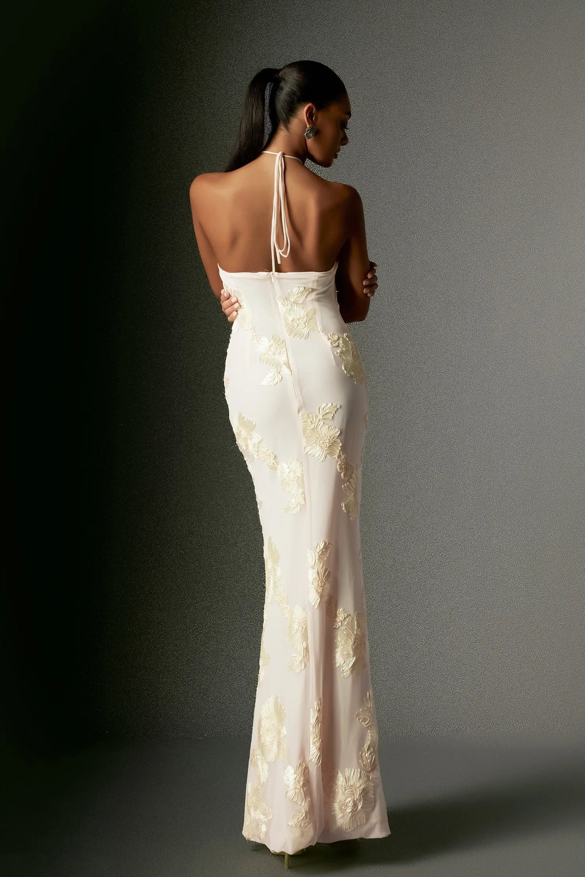 Romantic Ivory Halter with 3D Floral Applique and Open Back Mermaid Evening Dress