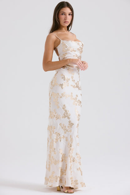 Romantic Ivory Maxi Dress with Gold Floral Embroidery and Cowl Neck, Evening Dresses