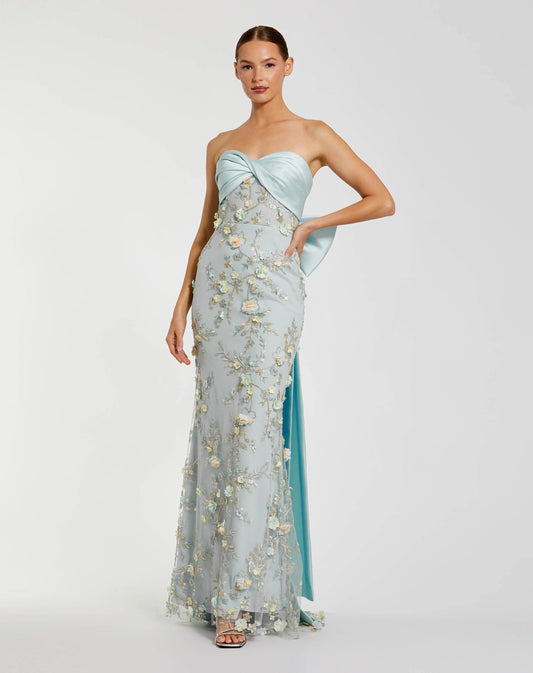 Romantic Mermaid Sweetheart Strapless Bow-Back Floral-Appliqué Prom Dress