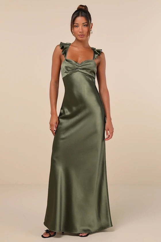 Romantic Olive Green Satin Ruffle Strap Open-Back Bridesmaid Dress