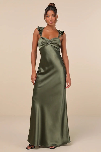 Romantic Olive Green Satin Ruffle Strap Open-Back Bridesmaid Dress