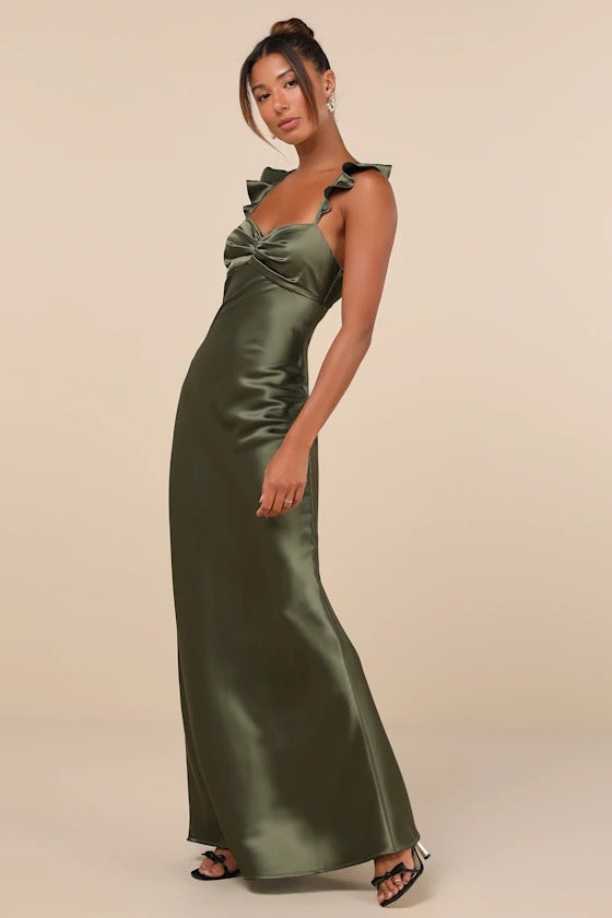 Romantic Olive Green Satin Ruffle Strap Open-Back Bridesmaid Dress