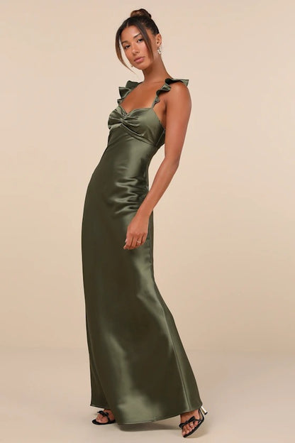 Romantic Olive Green Satin Ruffle Strap Open-Back Bridesmaid Dress