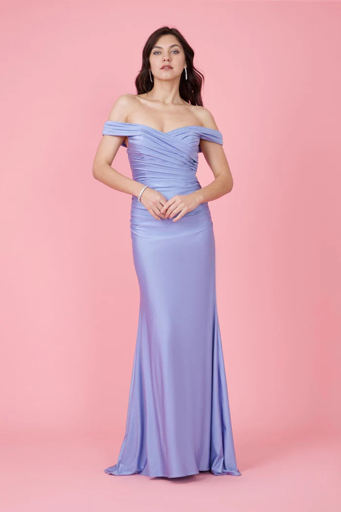 Romantic Periwinkle Off-the-Shoulder with Ruched Bodice and Fluid Mermaid Evening Dress