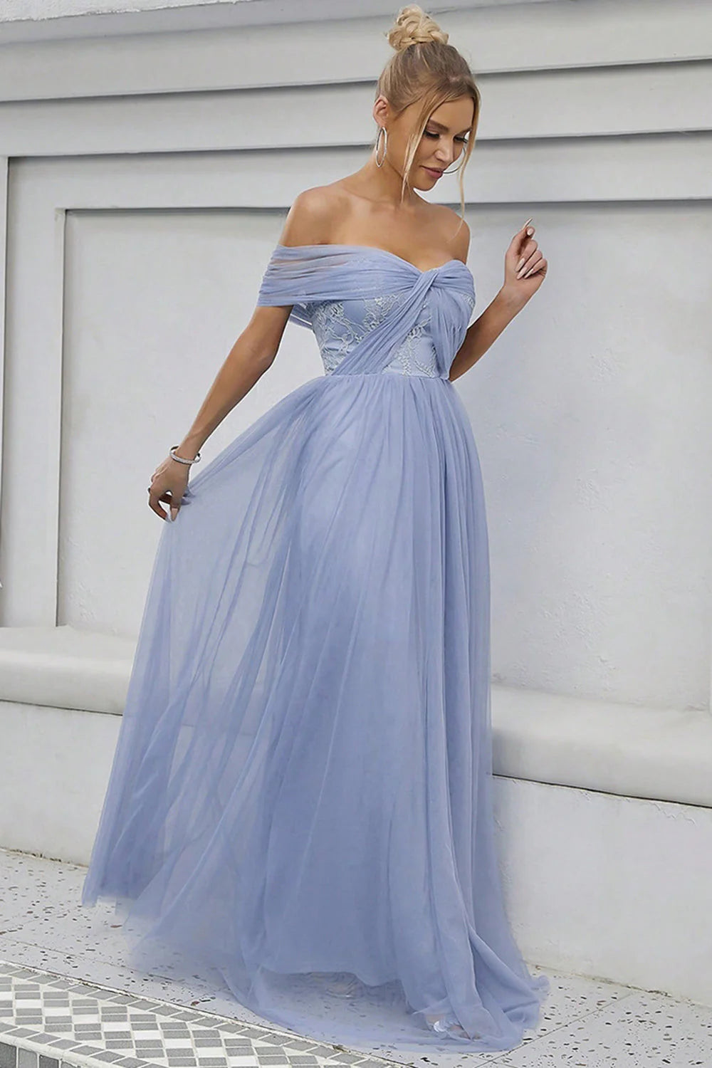 Romantic Periwinkle Tulle Off-Shoulder Lace Accent Ballgown Evening Dress