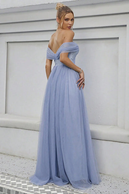 Romantic Periwinkle Tulle Off-Shoulder Lace Accent Ballgown Evening Dress