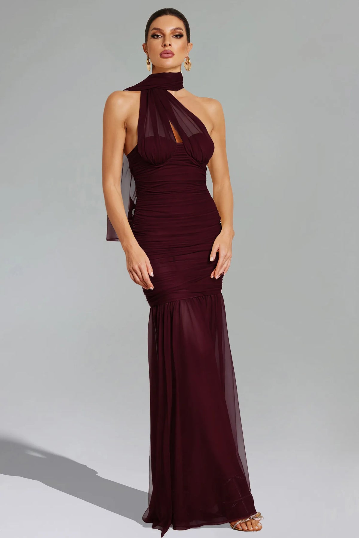 Romantic Plum Halter with Chiffon Scarf Detail, Ruched Bodice and Sheer Mermaid Evening Dress
