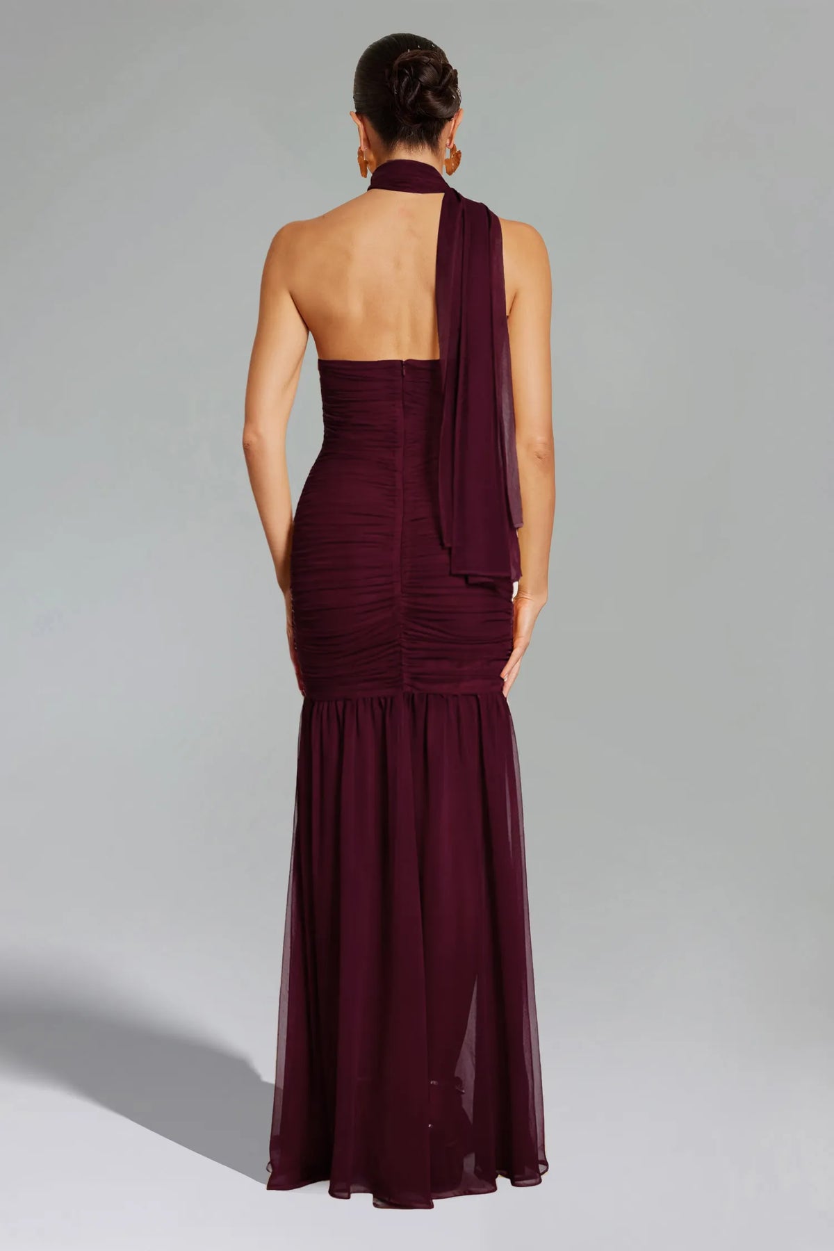 Romantic Plum Halter with Chiffon Scarf Detail, Ruched Bodice and Sheer Mermaid Evening Dress