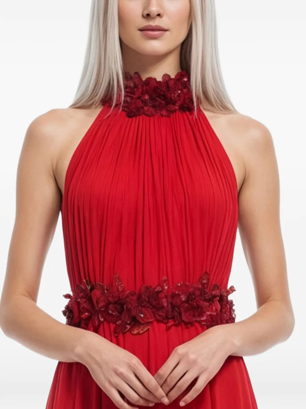 Romantic Red Halter-Neck Floral Appliqué Prom Dress