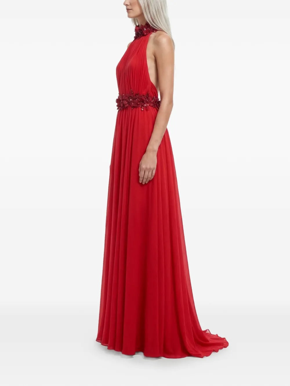 Romantic Red Halter-Neck Floral Appliqué Prom Dress