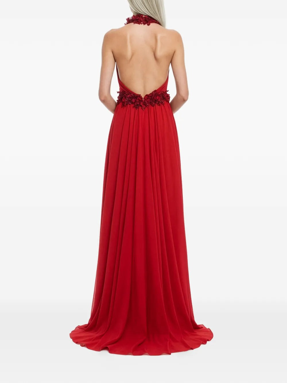 Romantic Red Halter-Neck Floral Appliqué Prom Dress