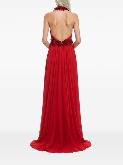 Romantic Red Halter-Neck Floral Appliqué Prom Dress