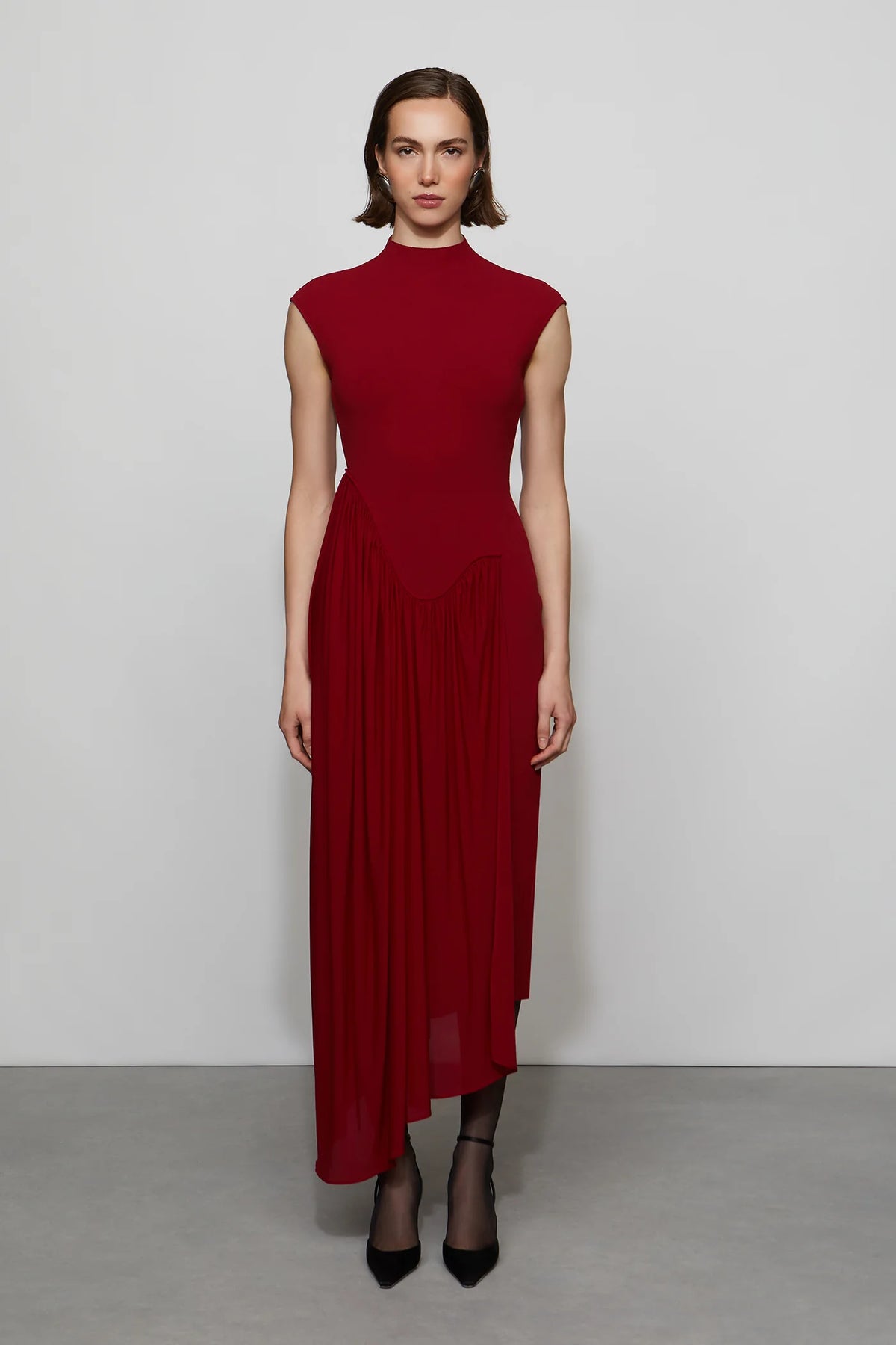 Romantic Ruby Red High Neck Cap Sleeve Pleated Asymmetrical Midi Evening Dress
