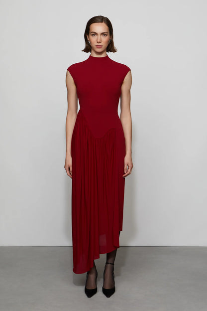 Romantic Ruby Red High Neck Cap Sleeve Pleated Asymmetrical Midi Evening Dress