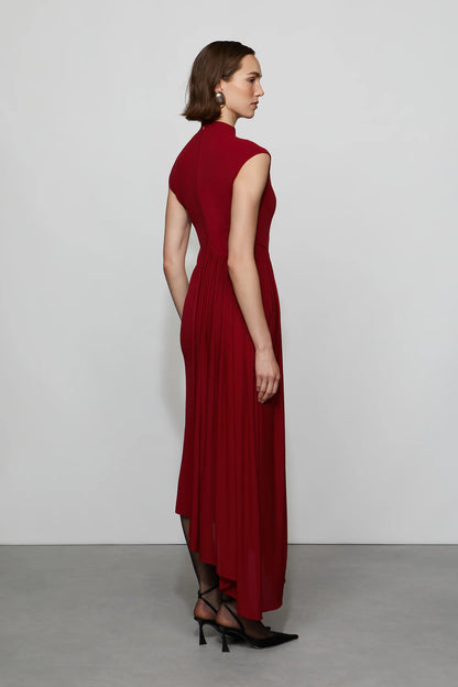 Romantic Ruby Red High Neck Cap Sleeve Pleated Asymmetrical Midi Evening Dress