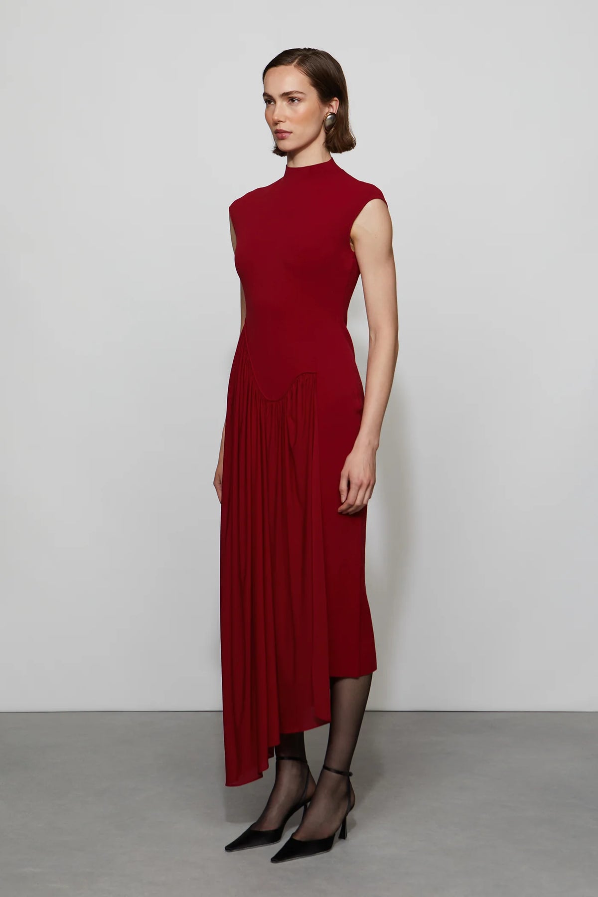 Romantic Ruby Red High Neck Cap Sleeve Pleated Asymmetrical Midi Evening Dress
