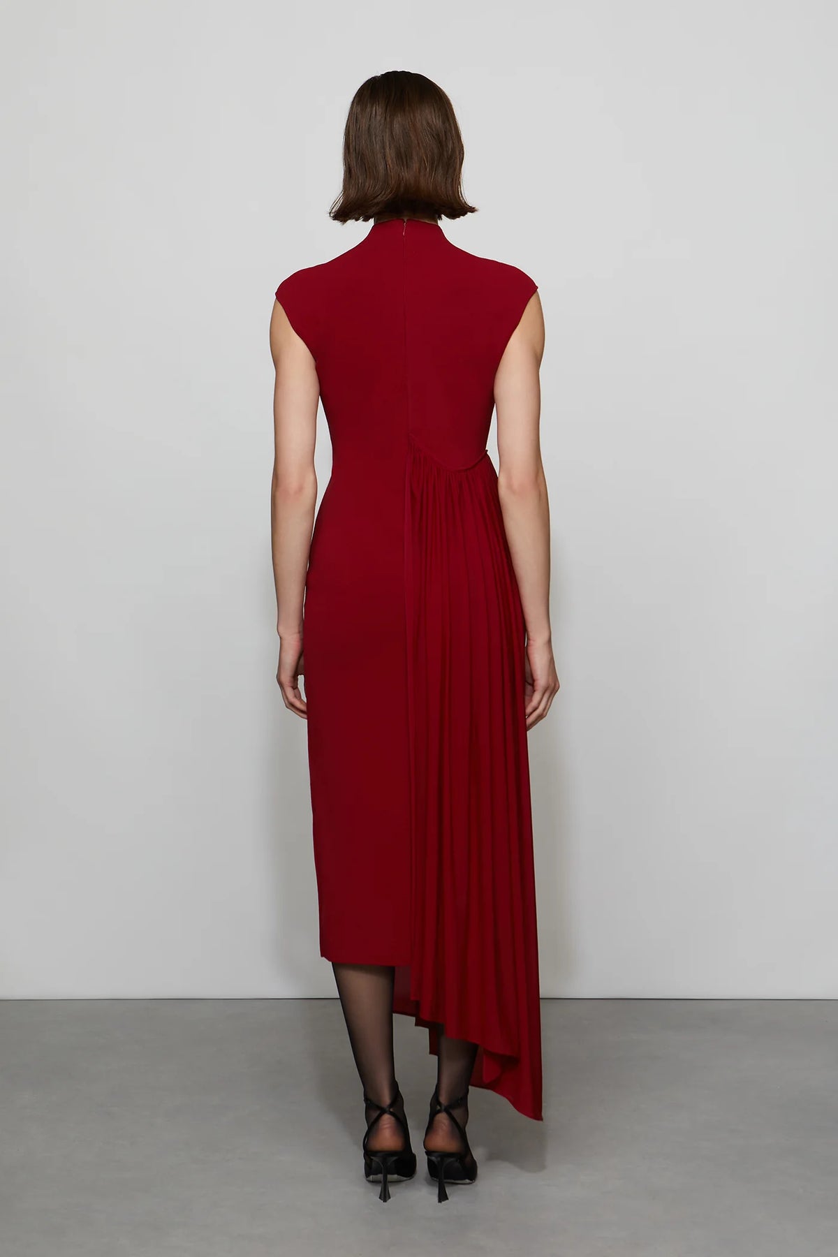 Romantic Ruby Red High Neck Cap Sleeve Pleated Asymmetrical Midi Evening Dress