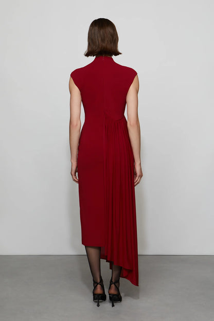 Romantic Ruby Red High Neck Cap Sleeve Pleated Asymmetrical Midi Evening Dress