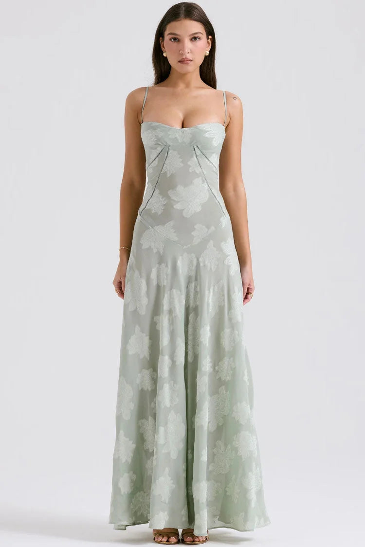 Romantic Sage Green Spaghetti Strap with Floral Jacquard, Corset Lace-Up Back and Flowy Maxi Evening Dress