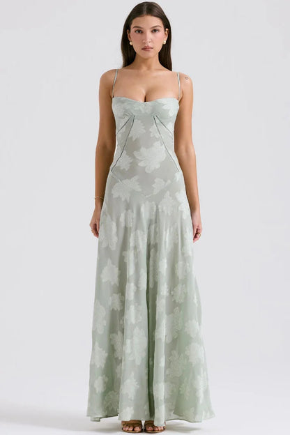 Romantic Sage Green Spaghetti Strap with Floral Jacquard, Corset Lace-Up Back and Flowy Maxi Evening Dress