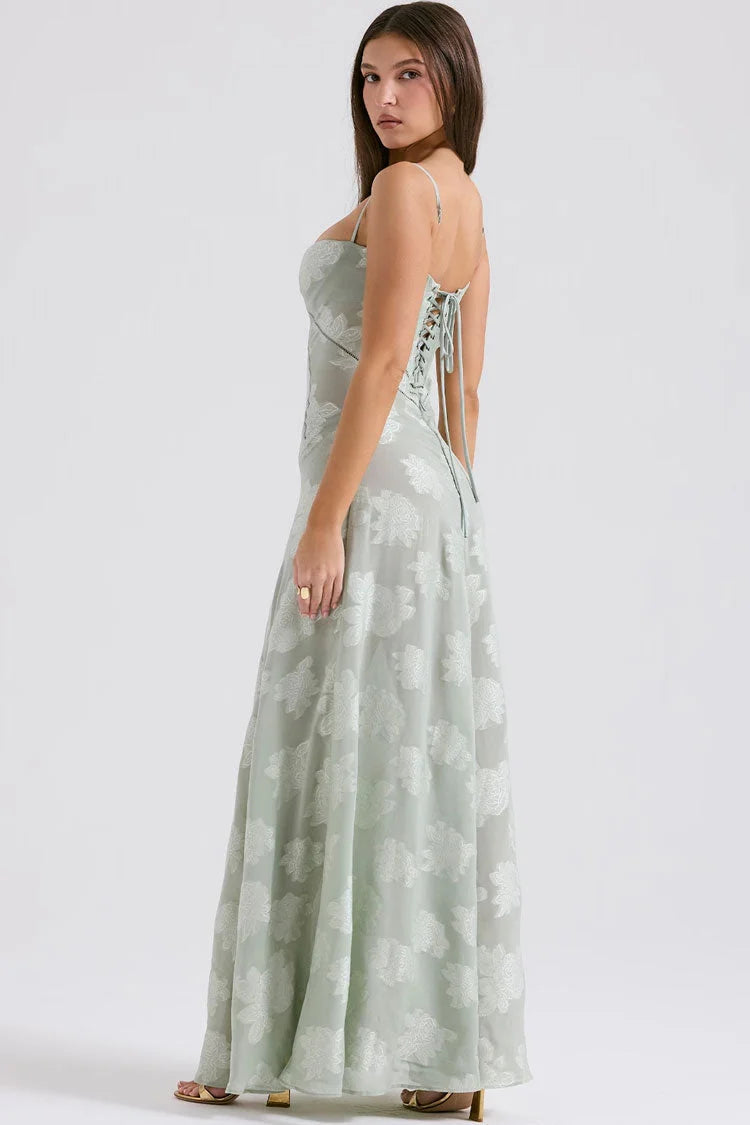 Romantic Sage Green Spaghetti Strap with Floral Jacquard, Corset Lace-Up Back and Flowy Maxi Evening Dress