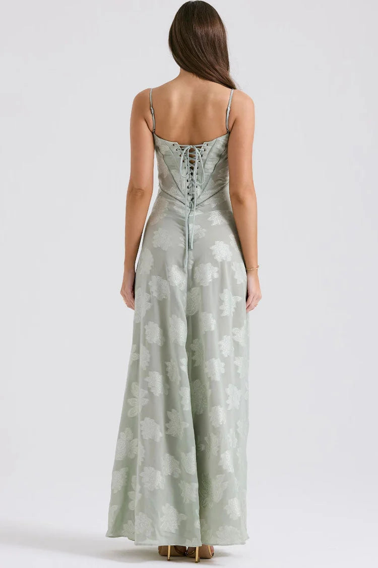 Romantic Sage Green Spaghetti Strap with Floral Jacquard, Corset Lace-Up Back and Flowy Maxi Evening Dress