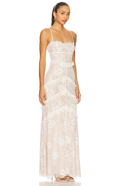 Romantic Spaghetti-Strap Lace Ruffled Evening Dresses