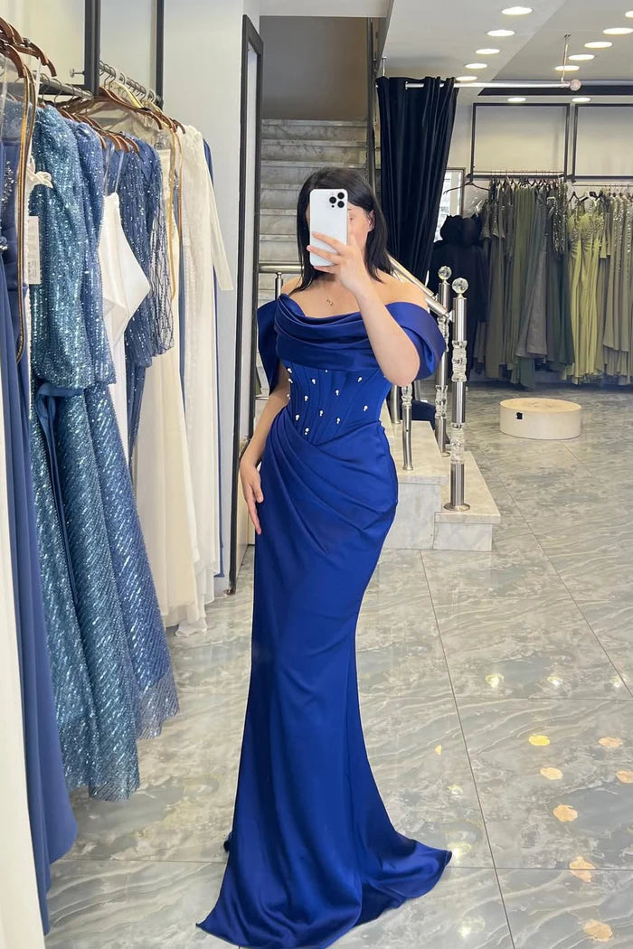 Royal Blue Satin Maxi Prom Dresses with Off Shoulder Draped Neckline Beaded Corset Ruched Waist